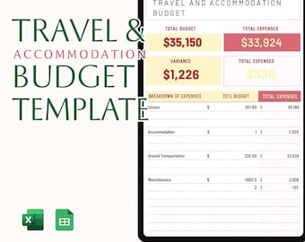 Travel & Accommodation Budget Template Excel and Google Sheets | Trip Expense Planner, Business Travel Cost Tracker, Vacation Budget