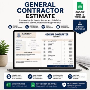 Pode incluir: Um modelo digital de orçamento para empreiteiro geral exibido na tela de um laptop, apresentando custos detalhados do projeto, cabeçalho da empresa, detalhes do projeto e uma tabela listando tarefas com quantidades e valores para uso profissional.