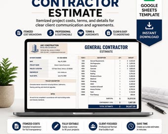 General Contractor Estimate Template Excel Google Sheets • Contractor Quote Calculator • Project Cost Spreadsheet