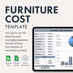 May include: A digital template titled "FURNITURE COST TEMPLATE" for planning and managing furniture expenses during procurement or renovation projects. The template includes a furniture cost summary with a table and charts.