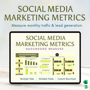 May include: A digital tablet shows a "Social Media Marketing Metrics" dashboard. The screen displays data visualisations, charts, and financial figures. Text includes "Measure monthly traffic & lead generation", "Multiple Tabs", "Editable Fields", and "Instant Download".