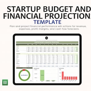 Peut inclure: Une tablette numérique affiche un modèle de projection financière. L'écran montre une feuille de calcul avec des données, des graphiques et le texte "STARTUP BUDGET AND FINANCIAL PROJECTIONS TEMPLATE". Le modèle comprend des sections pour les revenus, les dépenses et les marges bénéficiaires.