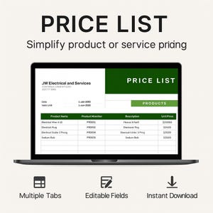 May include: A laptop screen shows a price list labelled "PRICE LIST" with the text "Simplify product or service pricing." The list includes product names, descriptions, and unit prices. Icons below the laptop read "Multiple Tabs," "Editable Fields," and "Instant Download."