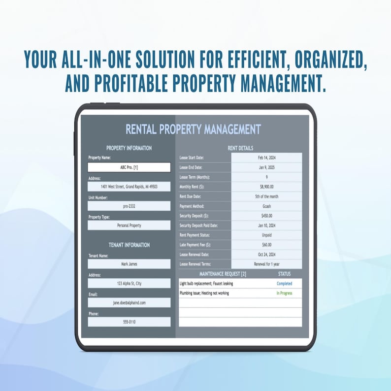Puede incluir: Una tableta digital que muestra un panel de gesti&oacute;n de propiedades de alquiler con campos para informaci&oacute;n de la propiedad, detalles del inquilino, alquiler y solicitudes de mantenimiento. El texto dice: YOUR ALL-IN-ONE SOLUTION FOR EFFICIENT, ORGANIZED, AND PROFITABLE PROPERTY MANAGEMENT.
