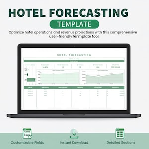 Può includere: Un laptop mostra un modello di previsione alberghiera con visualizzazioni di dati verdi e bianche. Lo schermo mostra grafici e tabelle per ottimizzare le operazioni alberghiere e le proiezioni dei ricavi. Il modello include campi personalizzabili, download immediato e sezioni dettagliate.