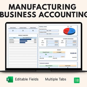 May include: A laptop screen displays a business accounting spreadsheet with the text "Manufacturing Business Accounting." The spreadsheet includes sections for product inventory, accounts payable, and sales data. The screen also shows the text "Editable Fields" and "Multiple Tabs."