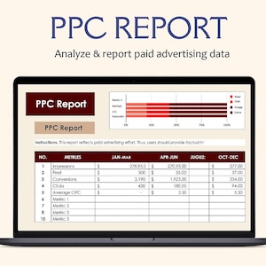 Può includere: Uno schermo di un laptop mostra un rapporto PPC con analisi dei dati. Il rapporto include grafici e tabelle con metriche come impressioni, clic e conversioni. Il titolo "PPC REPORT" è in alto, con il sottotitolo "Analyze & report paid advertising data."