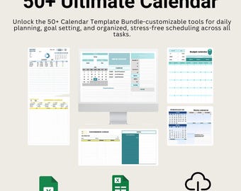 究極のカレンダーテンプレートバンドル | 50種類以上の編集可能なExcel、Googleスプレッドシート、印刷可能なテンプレート | 年間、月間、週間プランナーとスケジュール