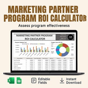 May include: A laptop displays a "Marketing Partner Program ROI Calculator" with charts and data. The screen shows a pie chart and bar graphs. Below the laptop are icons for Excel, Google Sheets, editable fields, and instant download.