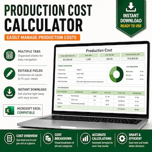 Calculadora de costos de producción para Excel y Google Sheets / Costo de fabricación por unidad / Seguimiento de costos de mano de obra, materiales y gastos generales