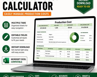 Production Cost Calculator for Excel & Google Sheets | Manufacturing Cost per Unit | Labor, Material and Overhead Cost Tracker