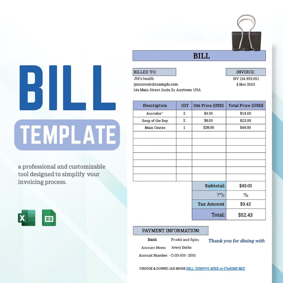 Bill Template | Editable Excel, Google Sheets & Printable PDF ...