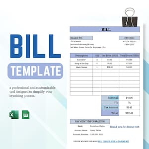 May include: A blue and white bill template with the word "BILL" in large blue letters. The template includes sections for billing information, item descriptions, and payment details. A black clip holds the document.
