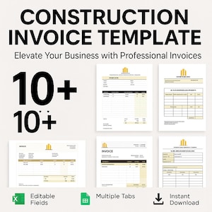 Puede incluir: Una plantilla de factura de construcción digital con múltiples pestañas y campos editables. La imagen presenta varias facturas de muestra con una combinación de colores dorados y blancos. El texto incluye "Construction Invoice Template".