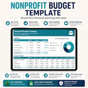 May include: A digital nonprofit budget template displayed on a tablet screen, featuring a summary table with income, expenses, and net surplus columns, a pie chart for year-to-date overview, and an income summary table with monthly breakdowns.