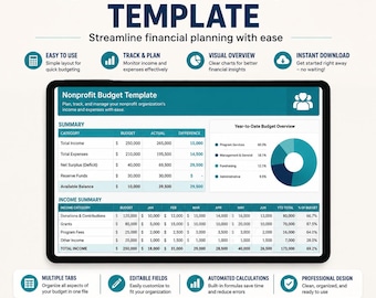 Plantilla de presupuesto operativo para organizaciones sin fines de lucro en Excel y Google Sheets • Seguimiento de ingresos y gastos del año fiscal • Gestión de subvenciones y donaciones