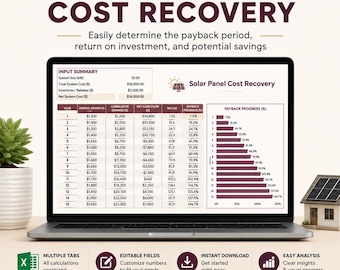 Solar Panel Cost Recovery Template Excel & Sheets | ROI Calculator, Energy Savings Tracker, Payback Period Analysis, Editable Template