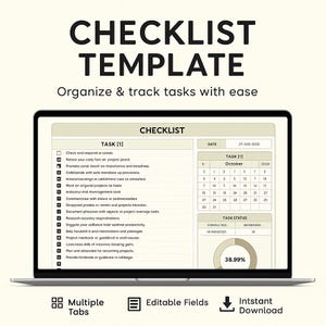 Può includere: Un laptop mostra un modello di lista di controllo intitolato "CHECKLIST TEMPLATE". Lo schermo mostra un elenco di attività, un calendario e un grafico di avanzamento. È visibile anche il testo "Organizza e monitora le attività con facilità". Le icone per più schede, campi modificabili e download istantaneo sono in basso.