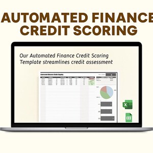 Op de afbeelding: Een laptop toont een spreadsheet met een cirkeldiagram en gegevens, met de tekst "AUTOMATED FINANCE CREDIT SCORING". Het scherm toont ook de tekst "Our Automated Finance Credit Scoring Template streamlines credit assessment."