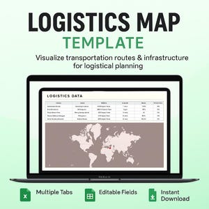 Puede incluir: Un portátil muestra una "LOGISTICS MAP TEMPLATE" con un mapa del mundo y tablas de datos. La pantalla muestra "LOGISTICS DATA" y el texto "Visualize transportation routes & infrastructure for logistical planning". Los iconos indican múltiples pestañas, campos editables y descarga instantánea.