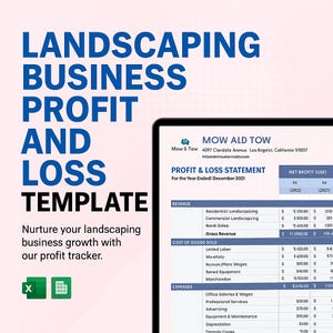 Könnte beinhalten: Eine digitale Gewinn- und Verlustvorlage für Landschaftsbauunternehmen. Das Bild zeigt ein Tablet, das eine Finanzaufstellung mit Einnahmen, Kosten der verkauften Waren und Ausgaben anzeigt. Der Titel lautet "LANDSCAPING BUSINESS PROFIT AND LOSS TEMPLATE."