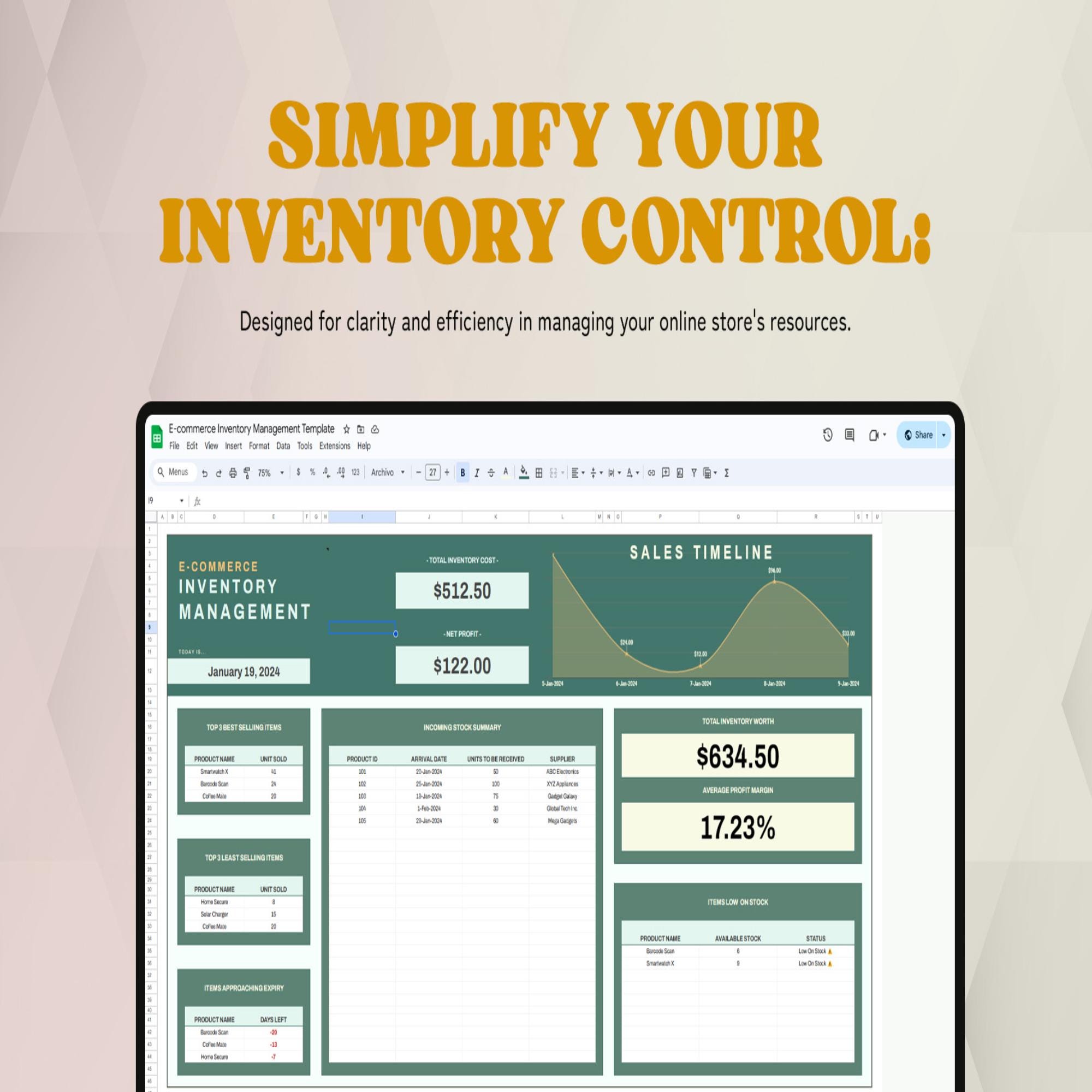 Excel Formula Inventory Alert Ecommerce Inventory Management Template Excel and Google Sheets | Stock ...