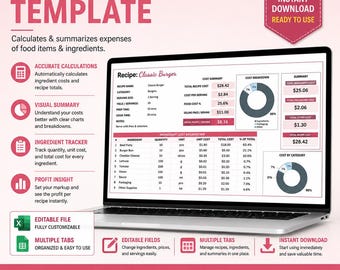 Food Cost Template Excel & Google Sheets | Recipe Cost Calculator | Ingredient Costing | Menu Pricing Calculator