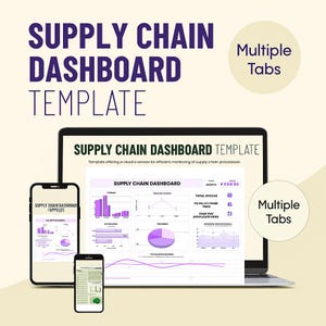 Peut inclure: Un ordinateur portable et deux smartphones affichant un modèle de tableau de bord de chaîne d'approvisionnement. Le modèle comprend des graphiques et des diagrammes avec un code couleur violet et blanc. Le texte à l'écran indique "SUPPLY CHAIN DASHBOARD TEMPLATE".