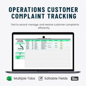 Może przedstawiać: Laptop z narzędziem do śledzenia reklamacji klientów. Ekran wyświetla arkusz kalkulacyjny z danymi i wykresami. U góry widnieje napis "OPERATIONS CUSTOMER COMPLAINT TRACKING". Na dole widnieją "Multiple Tabs" i "Editable Fields."
