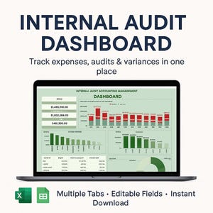 May include: A laptop displays an "INTERNAL AUDIT DASHBOARD" with charts and financial data. The screen shows expense tracking, audit details, and variance analysis. The image includes the text "Track expenses, audits & variances in one place."