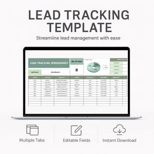 Könnte beinhalten: Ein Laptop zeigt eine Lead-Tracking-Vorlage mit dem Text "LEAD TRACKING TEMPLATE" und "Streamiine lead management with ease." Der Bildschirm zeigt eine Tabelle mit Daten, Diagrammen und den Wörtern "Multiple Tabs", "Editable Fields" und "Instant Download."