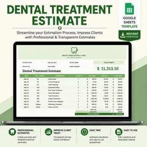 Może przedstawiać: Szablon Google Sheets do kosztorysu leczenia stomatologicznego wyświetlony na ekranie laptopa. Dokument zawiera nagłówek Bright Smile Dental Clinic oraz szczegółową tabelę z listą różnych zabiegów, kosztów i sumą 11 313,10 $.