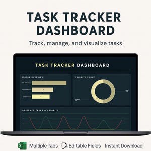 May include: A laptop displaying a "Task Tracker Dashboard" with data visualization. The screen shows task status, priority counts, and a graph of assigned tasks. The text includes "Track, manage, and visualize tasks."