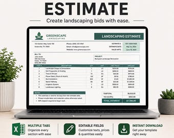 Plantilla de presupuesto para paisajismo en Excel y Google Sheets • Calculadora de presupuestos para contratistas de paisajismo • Formulario de hoja de cálculo para presupuestos de jardinería