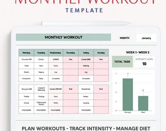 Plantilla de entrenamiento mensual de Excel para Google Sheets / Planificador de fitness / Registro de ejercicios de gimnasio / Rastreador de entrenamiento (descarga instantánea)