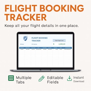 Flight Booking Tracker Template Excel & Google Sheets • Travel Log Spreadsheet • Flight Cost, Dates and Status Tracker for Trips