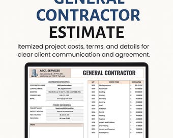 General Contractor Estimate Template Excel Google Sheets • Contractor Quote Calculator • Project Cost Spreadsheet