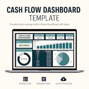 May include: A laptop displaying a cash flow dashboard template. The screen shows financial data, charts, and graphs, with the text "Cash Flow Dashboard Template." Additional text includes "Visualize and manage cash inflows & outflows with ease."