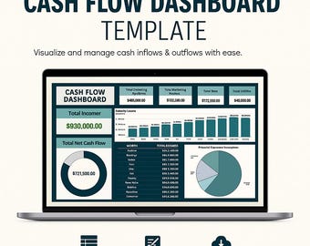 May include: A laptop displaying a cash flow dashboard template. The screen shows financial data, charts, and graphs, with the text "Cash Flow Dashboard Template." Additional text includes "Visualize and manage cash inflows & outflows with ease."