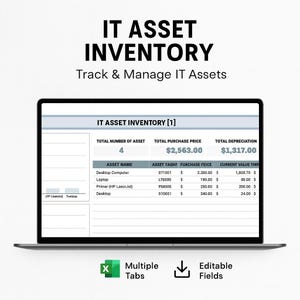 Könnte beinhalten: Ein Laptop zeigt eine IT-Asset-Inventory-Tabelle. Der Bildschirm zeigt Asset-Namen, Tags, Einkaufspreise und aktuelle Werte. Der Titel lautet "IT Asset Inventory" mit dem Text "Track & Manage IT Assets". Funktionen umfassen mehrere Registerkarten und editierbare Felder.