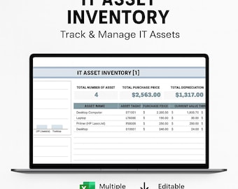 IT Asset Inventory Template | Editable Excel, Google Sheets & Printable PDF | Equipment Tracker, Hardware Log, Software License and Asset