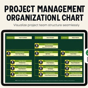 May include: A digital project management organizational chart displayed on a tablet. The chart is green and white, with text that reads "PROJECT MANAGEMENT ORGANIZATIONL CHART" and "Visualize project team structure seamlessly."