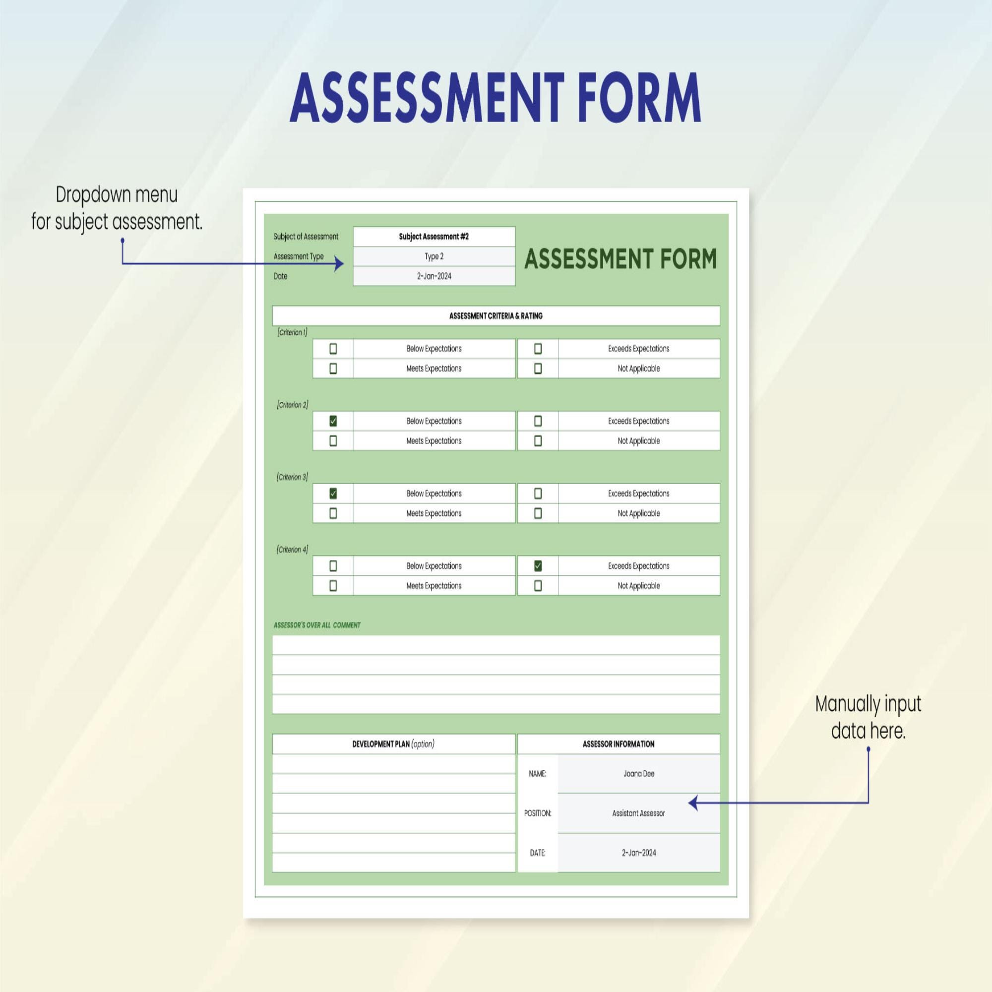 Assessment Form Template | Employee Evaluation, Student Grading ...