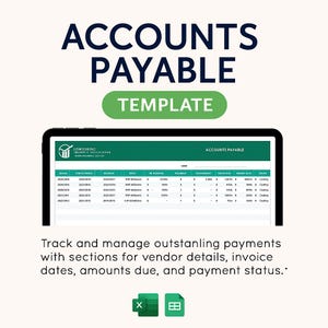 Peut inclure: Une tablette affiche un "Modèle de Comptes Fournisseurs" avec un schéma de couleurs vert et blanc. L'écran montre une feuille de calcul avec des colonnes pour les détails des fournisseurs, les dates de facturation et le statut des paiements. Le texte "ACCOUNTS PAYABLE TEMPLATE" est en haut.
