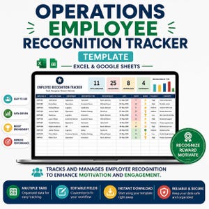 Op de afbeelding: Een sjabloon voor werknemerserkenning voor Excel en Google Sheets weergegeven op een laptopscherm. De interface bevat kolommen voor werknemersgegevens, soorten erkenning, datums, punten en badges om prestaties bij te houden en te beheren.