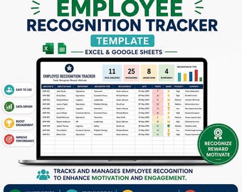 Plantilla de seguimiento del reconocimiento de empleados de operaciones • Excel y Google Sheets • Registro de reconocimiento • Panel de premios y felicitaciones • Herramienta de reconocimiento al personal