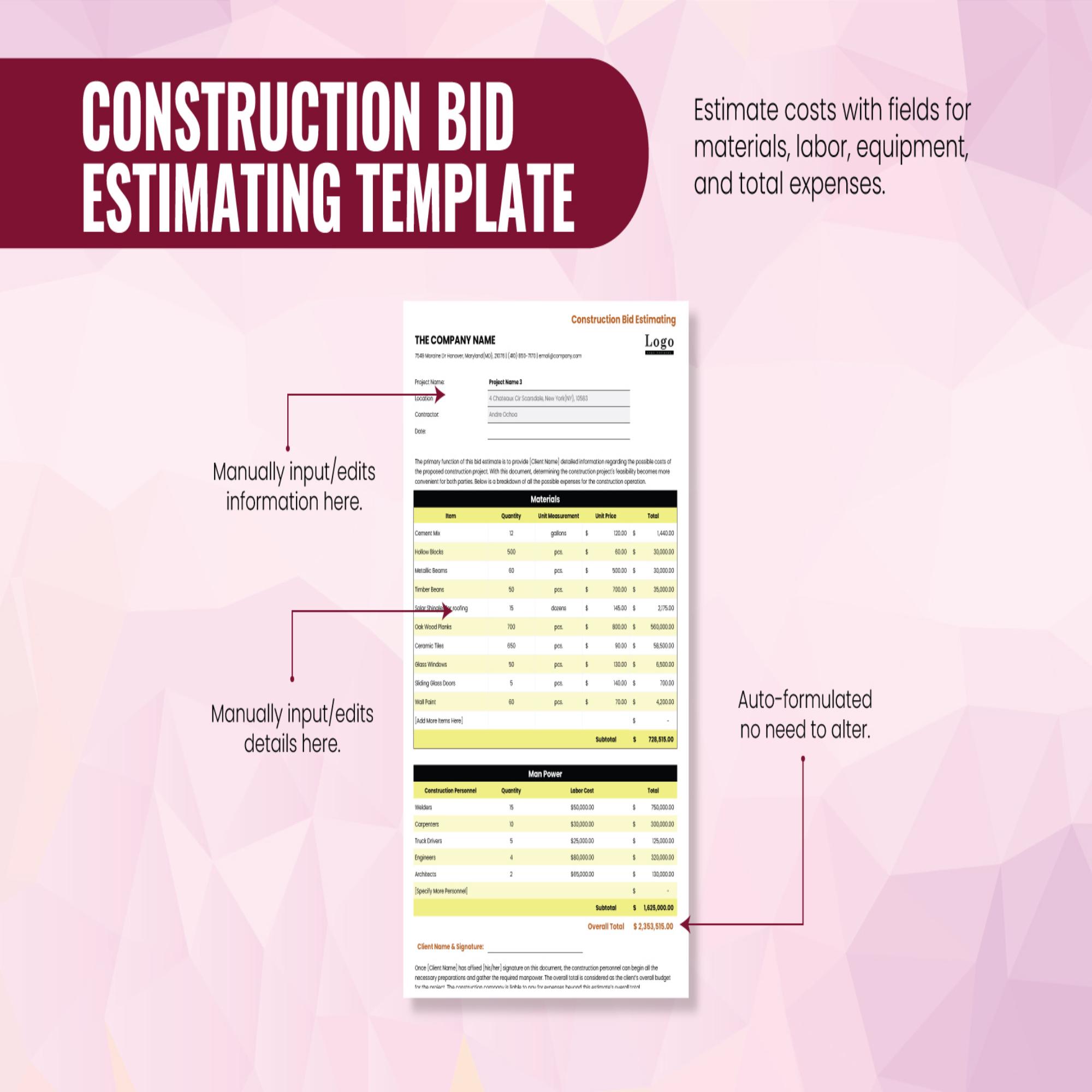 Construction Bid Estimating Template Excel Google Sheets Contractor ...