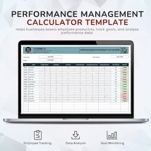 Puede incluir: Un portátil muestra una "PLANTILLA DE CALCULADORA DE GESTIÓN DEL RENDIMIENTO". La pantalla muestra una hoja de cálculo con datos de empleados. Debajo del portátil hay iconos para el seguimiento de empleados, el análisis de datos y el seguimiento de objetivos. El texto dice: "Ayuda a las empresas a evaluar la productividad de los empleados, hacer un seguimiento de los objetivos y analizar los datos de rendimiento."