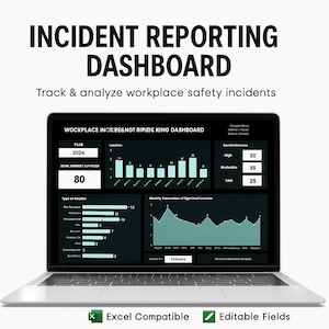 Può includere: Un laptop che mostra un dashboard di segnalazione degli incidenti. Lo schermo mostra visualizzazioni di dati, grafici e diagrammi, con il testo "INCIDENT REPORTING DASHBOARD" in alto. Il dashboard è progettato per monitorare e analizzare gli incidenti sulla sicurezza sul lavoro.
