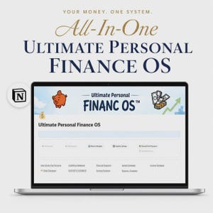 Può includere: Uno schermo di computer che mostra la dashboard digitale Ultimate Personal Finance OS. L'interfaccia presenta un'icona a forma di salvadanaio, una pila di contanti e vari link a database per attività, passività, entrate e uscite.